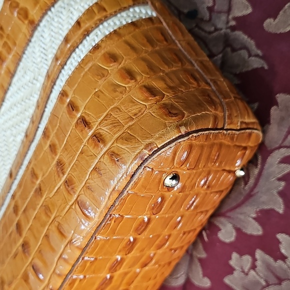 Brahmin Mini Asher Whiskey Stripe Raffia Tan and Cream Leather Tote Bag - Picture 8 of 14